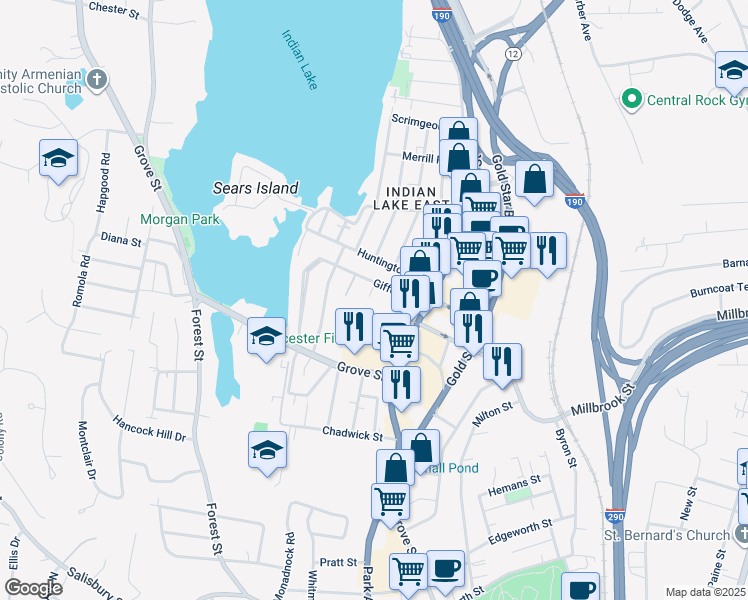 map of restaurants, bars, coffee shops, grocery stores, and more near 23 Gifford Drive in Worcester