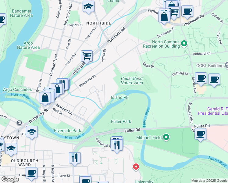 map of restaurants, bars, coffee shops, grocery stores, and more near 1257 Island Drive in Ann Arbor