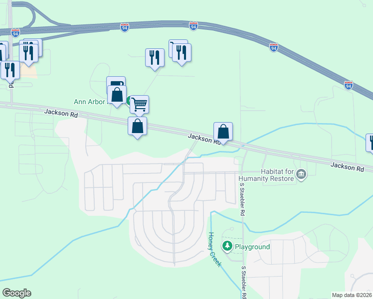 map of restaurants, bars, coffee shops, grocery stores, and more near 6655 Jackson Road in Ann Arbor