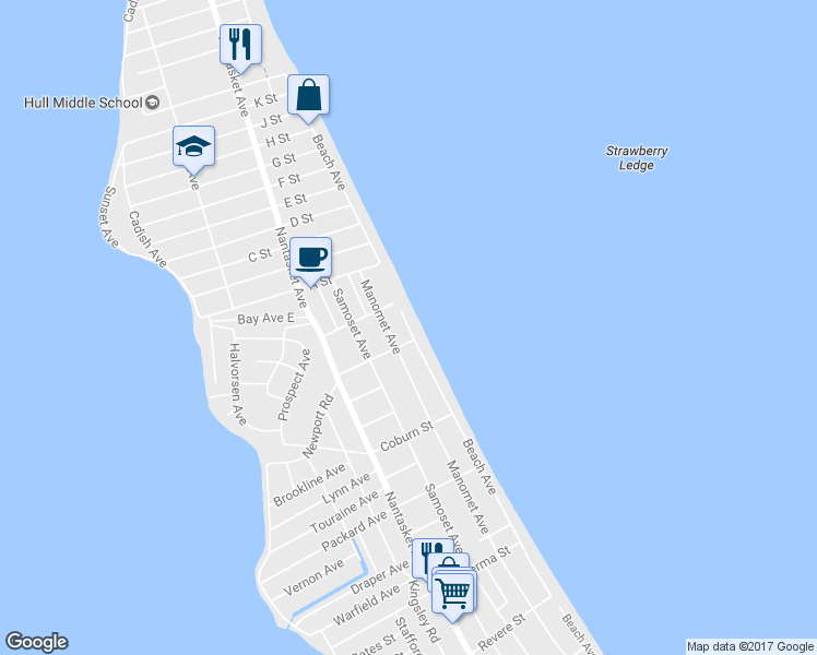 map of restaurants, bars, coffee shops, grocery stores, and more near 163 Beach Avenue in Hull