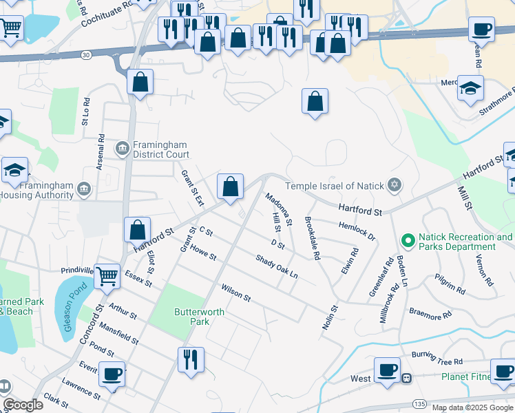 map of restaurants, bars, coffee shops, grocery stores, and more near 20 Bishop Street in Natick