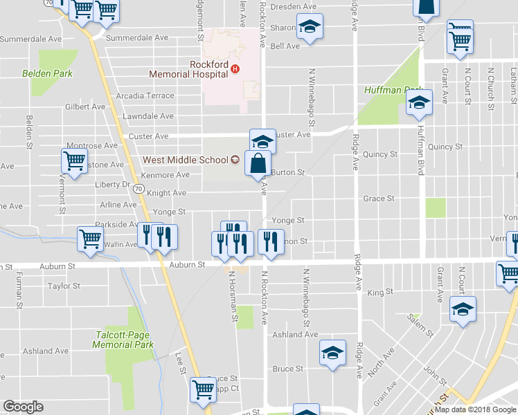 map of restaurants, bars, coffee shops, grocery stores, and more near 2507 Yonge Street in Rockford