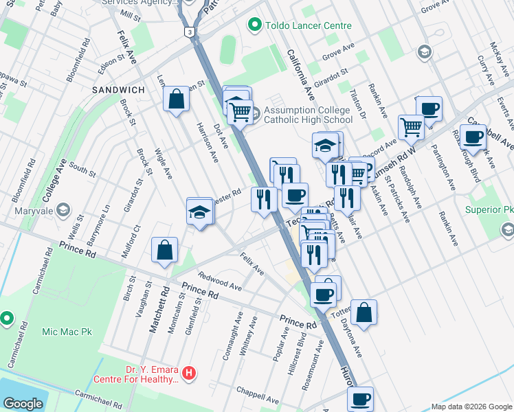 map of restaurants, bars, coffee shops, grocery stores, and more near 1300 Marlborough Boulevard in Windsor