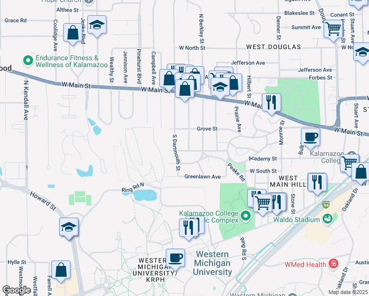 map of restaurants, bars, coffee shops, grocery stores, and more near 1908 Academy Street in Kalamazoo