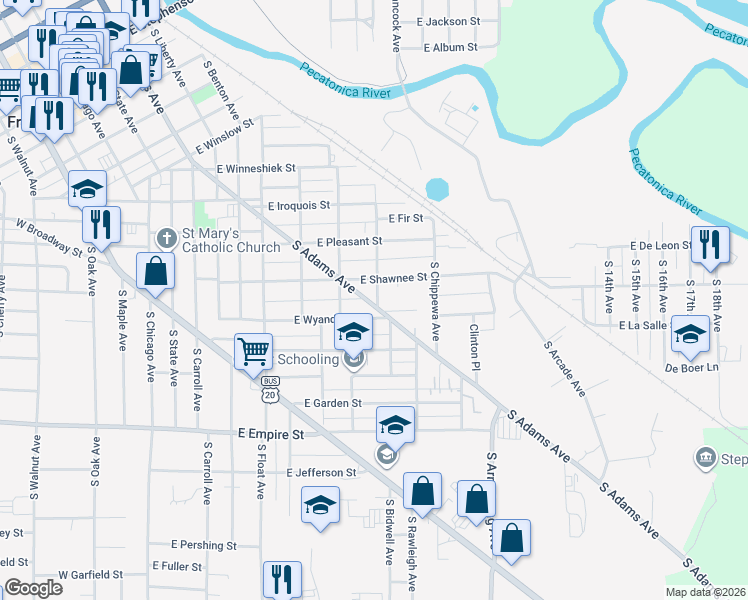 map of restaurants, bars, coffee shops, grocery stores, and more near 859 South Adams Avenue in Freeport