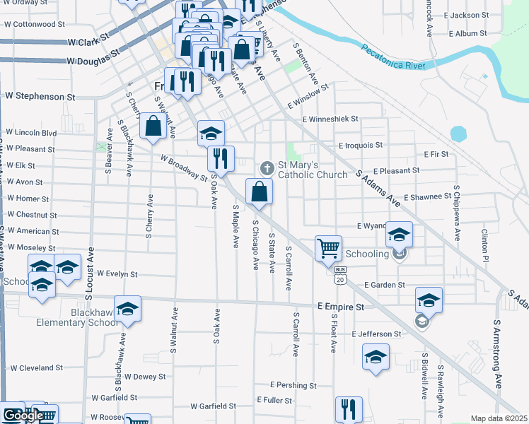 map of restaurants, bars, coffee shops, grocery stores, and more near 917 South Galena Avenue in Freeport