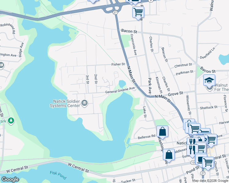 map of restaurants, bars, coffee shops, grocery stores, and more near 42 Kansas Street in Natick