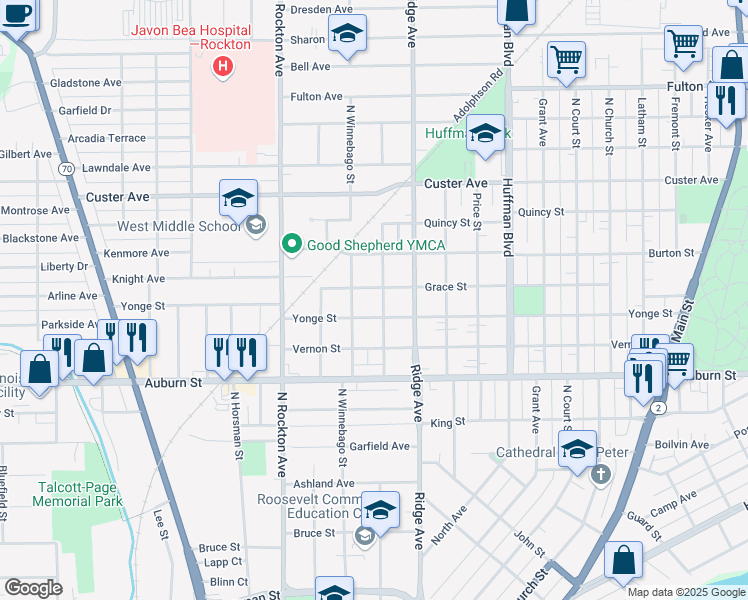 map of restaurants, bars, coffee shops, grocery stores, and more near 1716 Carney Avenue in Rockford