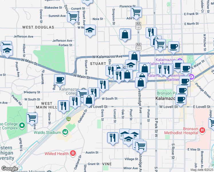 map of restaurants, bars, coffee shops, grocery stores, and more near 785 West Main Street in Kalamazoo