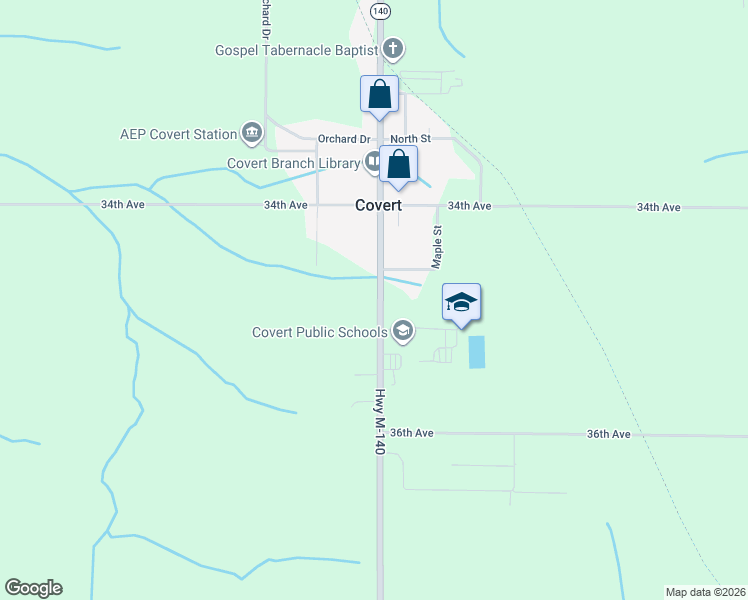 map of restaurants, bars, coffee shops, grocery stores, and more near 34800 Michigan 140 in Covert