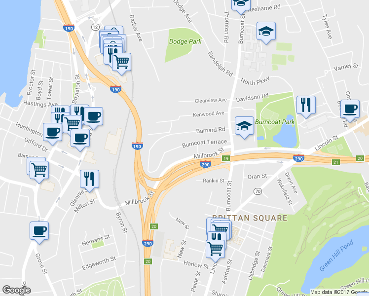 map of restaurants, bars, coffee shops, grocery stores, and more near 51 Burncoat Terrace in Worcester