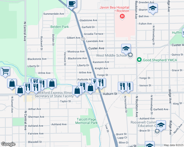 map of restaurants, bars, coffee shops, grocery stores, and more near 1724 Kilburn Avenue in Rockford