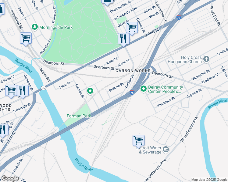map of restaurants, bars, coffee shops, grocery stores, and more near 9647 Graham Street in Detroit