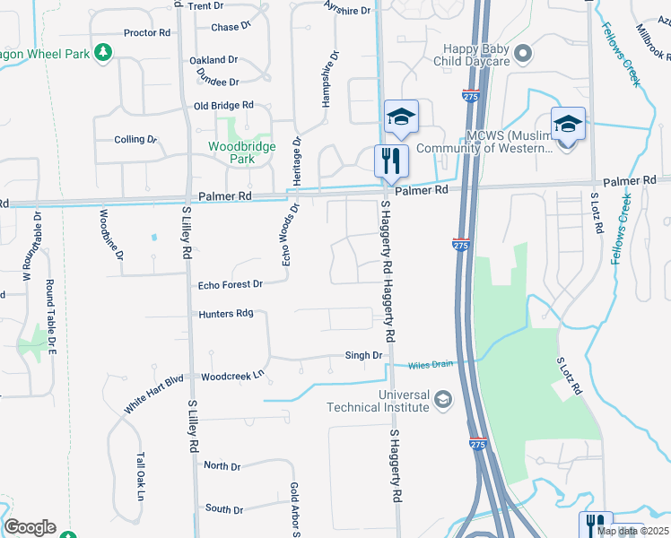 map of restaurants, bars, coffee shops, grocery stores, and more near 41751 Wild Turkey Lane in Canton