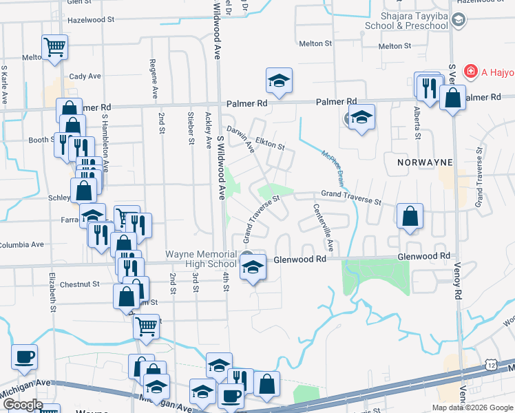 map of restaurants, bars, coffee shops, grocery stores, and more near 2340 Deerfield Court in Westland