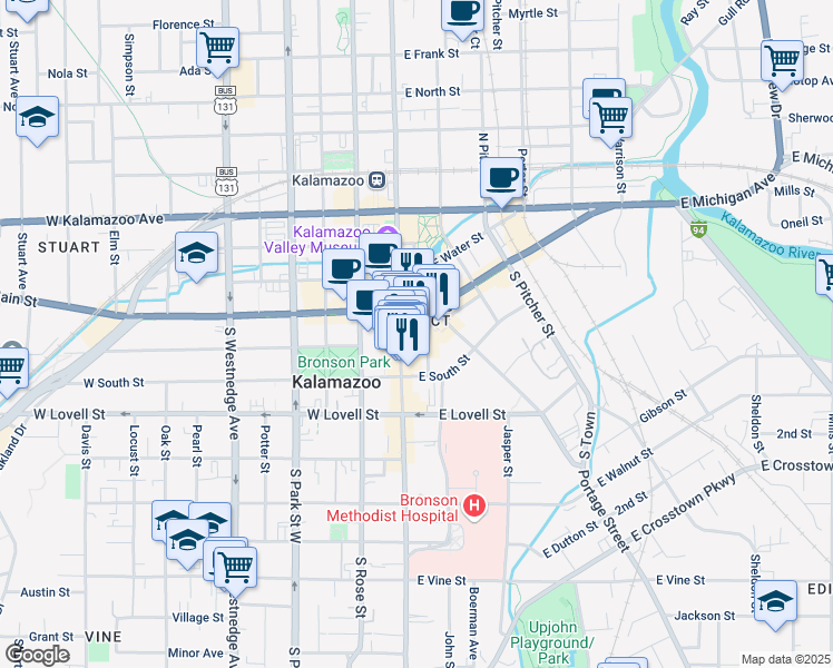 map of restaurants, bars, coffee shops, grocery stores, and more near 125 South Kalamazoo Mall in Kalamazoo