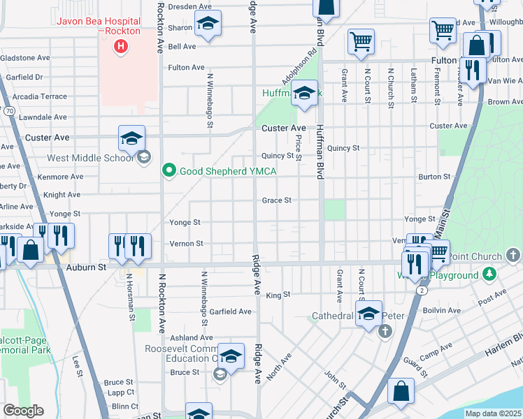 map of restaurants, bars, coffee shops, grocery stores, and more near 1717 Ridge Avenue in Rockford
