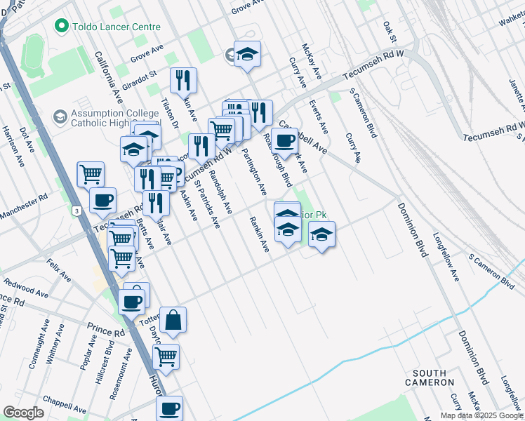 map of restaurants, bars, coffee shops, grocery stores, and more near 1619 Partington Avenue in Windsor