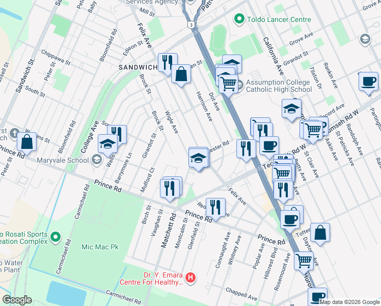 map of restaurants, bars, coffee shops, grocery stores, and more near 1276 Wigle Avenue in Windsor