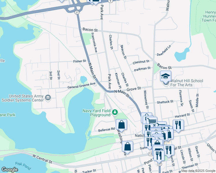map of restaurants, bars, coffee shops, grocery stores, and more near 6 Park Avenue in Natick