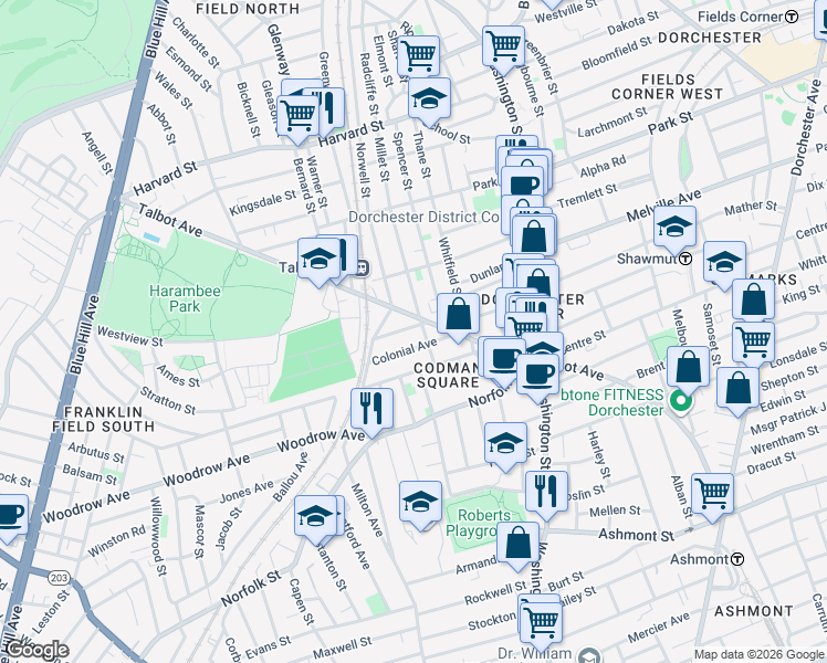 map of restaurants, bars, coffee shops, grocery stores, and more near 145 Millet Street in Boston