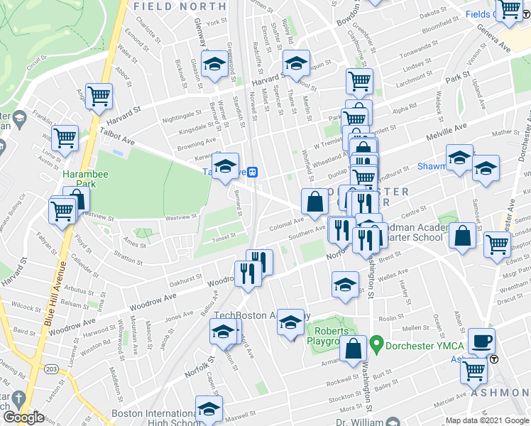 map of restaurants, bars, coffee shops, grocery stores, and more near 18-20 New England Avenue in Boston