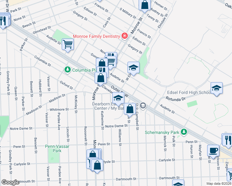 map of restaurants, bars, coffee shops, grocery stores, and more near 21110 Outer Drive West in Dearborn