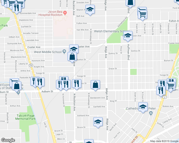 map of restaurants, bars, coffee shops, grocery stores, and more near 1718 North Winnebago Street in Rockford