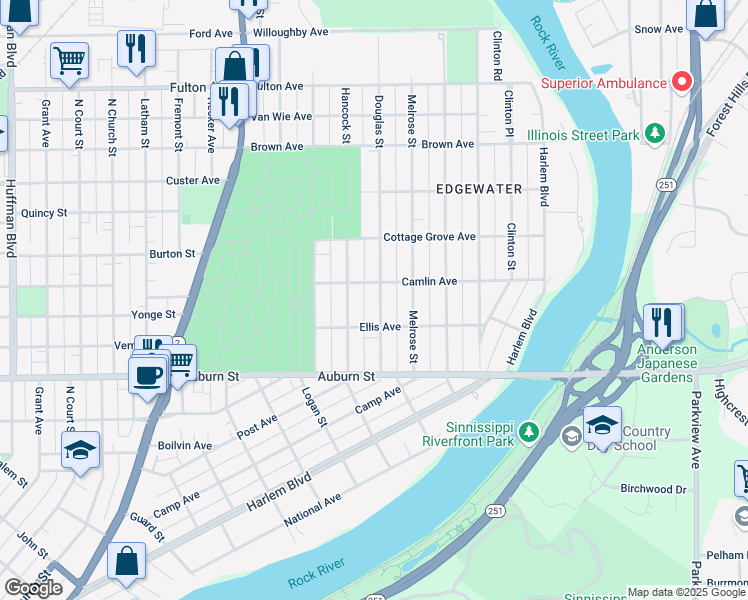 map of restaurants, bars, coffee shops, grocery stores, and more near 1828 Douglas Street in Rockford