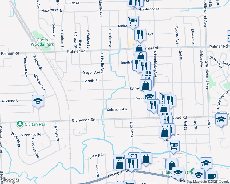 map of restaurants, bars, coffee shops, grocery stores, and more near 35653 Schley Street in Westland