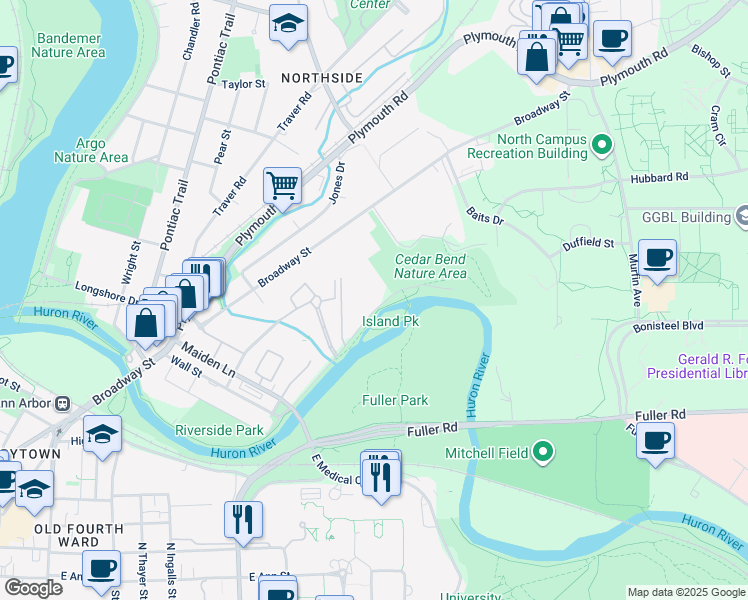 map of restaurants, bars, coffee shops, grocery stores, and more near 1257 Island Drive in Ann Arbor
