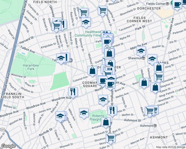 map of restaurants, bars, coffee shops, grocery stores, and more near 290 Talbot Avenue in Boston