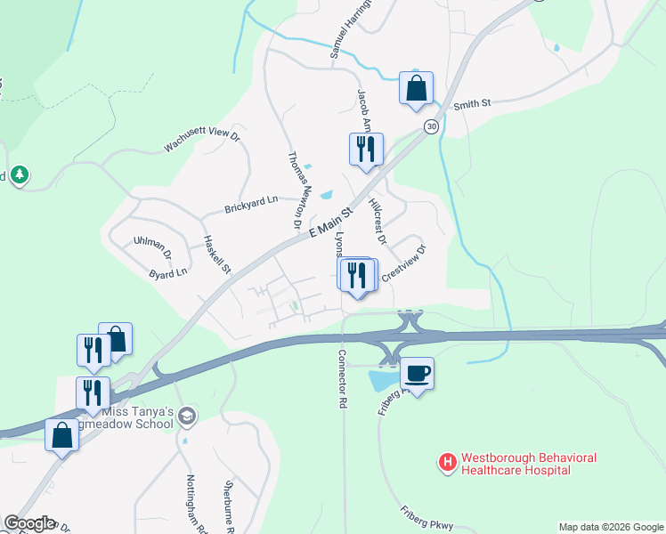map of restaurants, bars, coffee shops, grocery stores, and more near 9 Lyons Street in Westborough