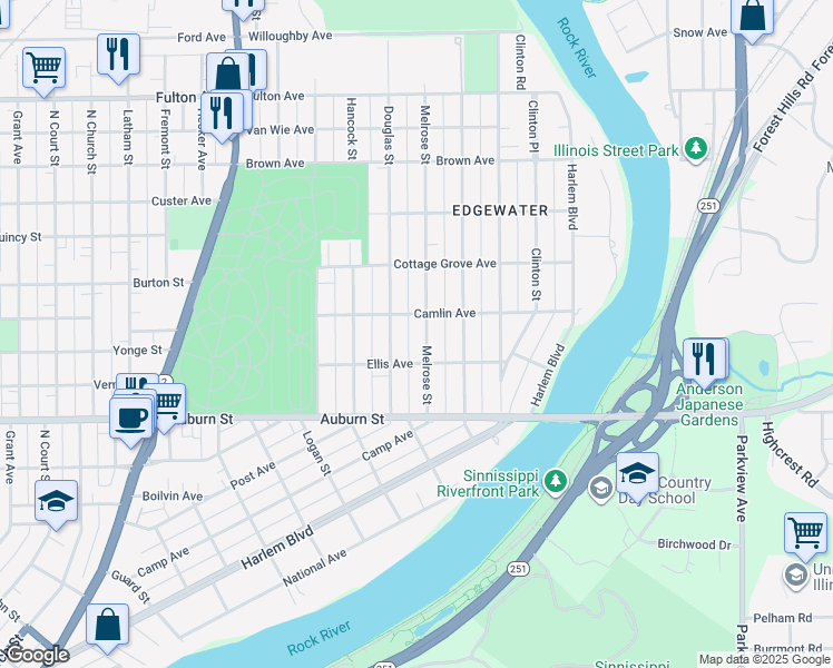 map of restaurants, bars, coffee shops, grocery stores, and more near 1826 Melrose Street in Rockford