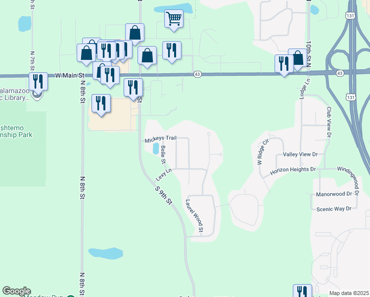 map of restaurants, bars, coffee shops, grocery stores, and more near 267 Murphy's Trail in Kalamazoo