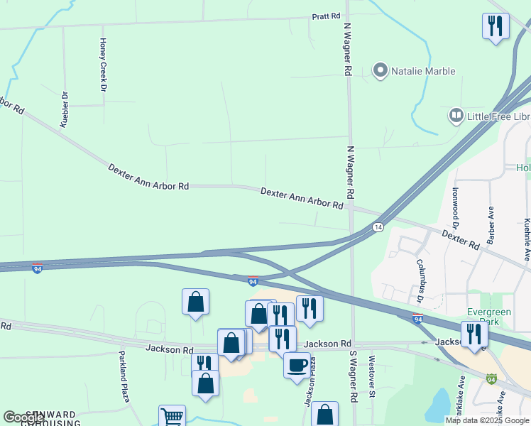map of restaurants, bars, coffee shops, grocery stores, and more near 3750 Elizabeth Road in Ann Arbor