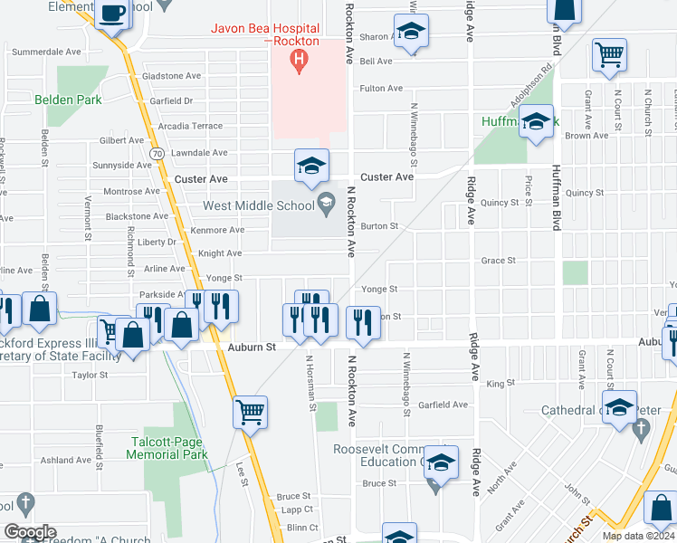 map of restaurants, bars, coffee shops, grocery stores, and more near 2511 Yonge Street in Rockford