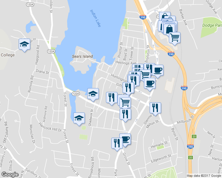 map of restaurants, bars, coffee shops, grocery stores, and more near 7 Ellestuen Road in Worcester