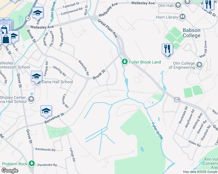 map of restaurants, bars, coffee shops, grocery stores, and more near 48 Fuller Brook Road in Wellesley