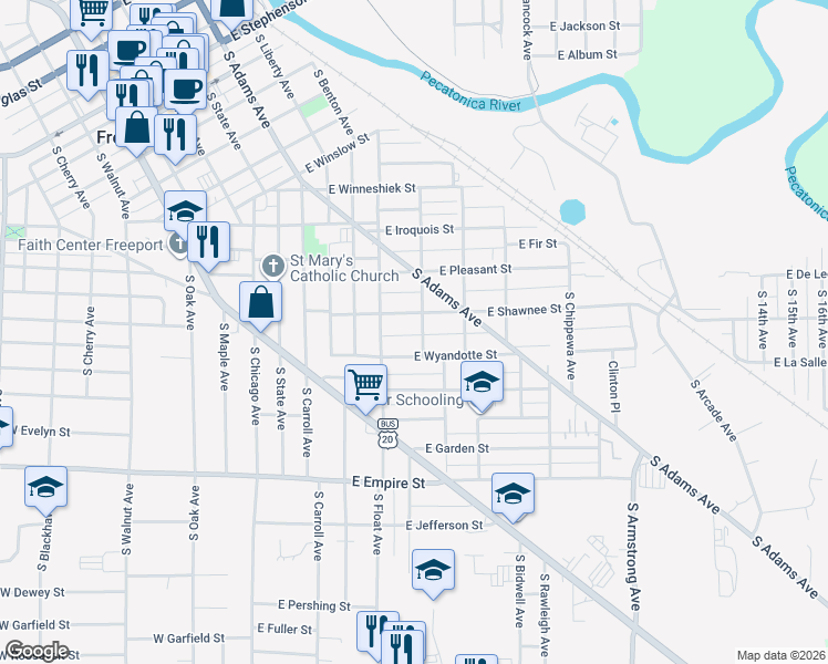 map of restaurants, bars, coffee shops, grocery stores, and more near 816 South Ottawa Avenue in Freeport