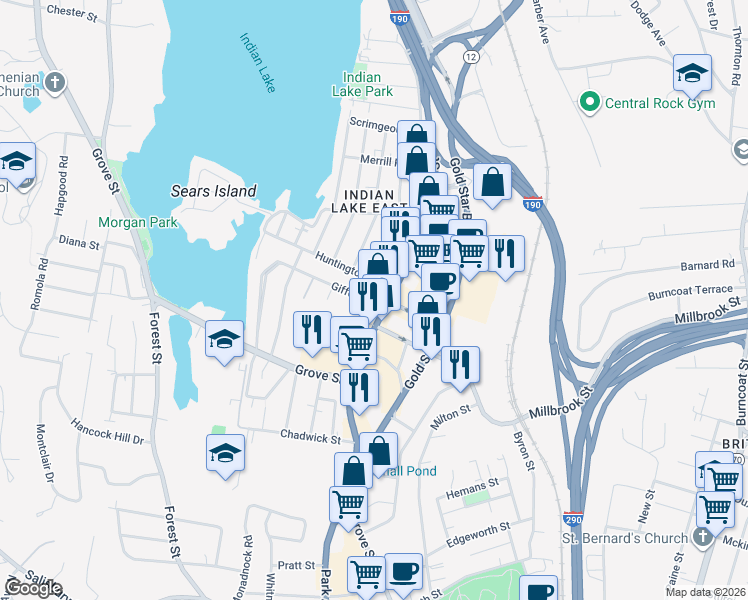 map of restaurants, bars, coffee shops, grocery stores, and more near 8 Gifford Drive in Worcester