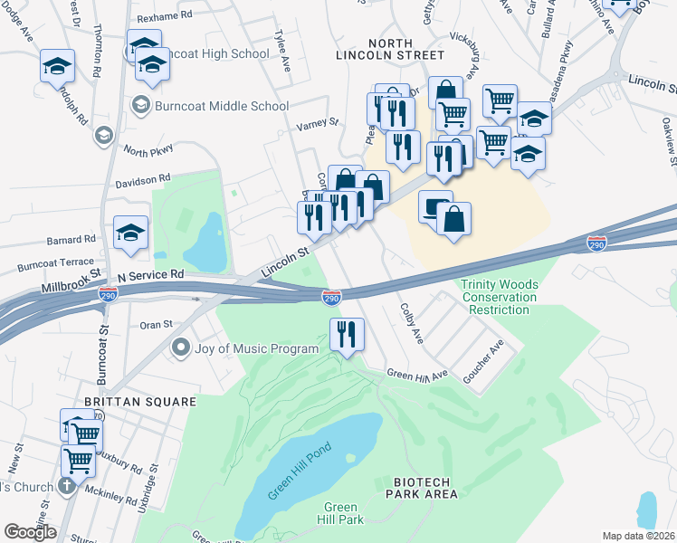 map of restaurants, bars, coffee shops, grocery stores, and more near 12 Marsh Avenue in Worcester