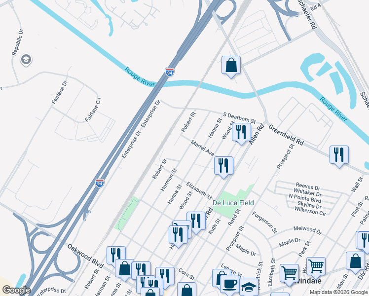 map of restaurants, bars, coffee shops, grocery stores, and more near 17339 Harman Street in Melvindale