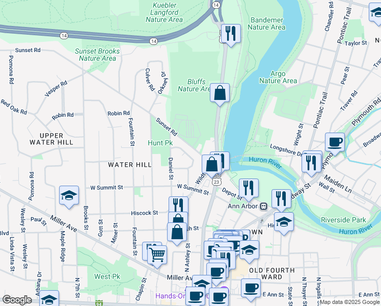 map of restaurants, bars, coffee shops, grocery stores, and more near 232 Brookridge Road in Ann Arbor