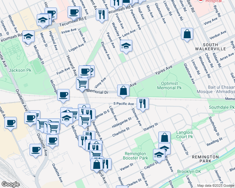 map of restaurants, bars, coffee shops, grocery stores, and more near 803 Memorial Drive in Windsor