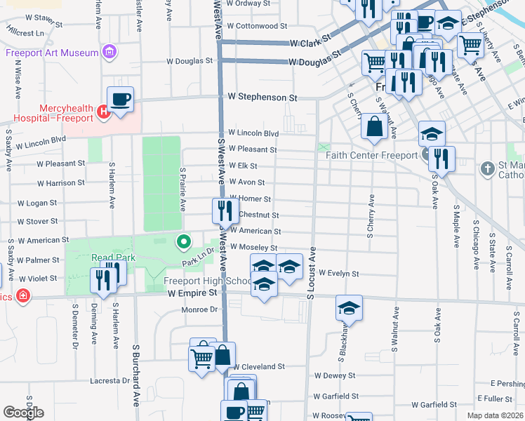 map of restaurants, bars, coffee shops, grocery stores, and more near 714 West Chestnut Street in Freeport