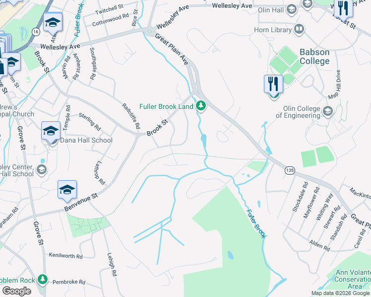 map of restaurants, bars, coffee shops, grocery stores, and more near 32 Fuller Brook Road in Wellesley