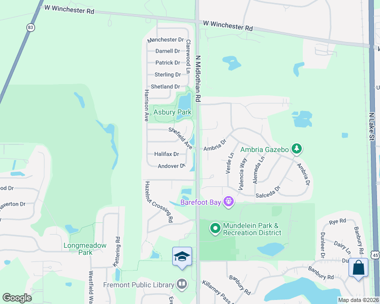 map of restaurants, bars, coffee shops, grocery stores, and more near 1200 Halifax Drive in Mundelein