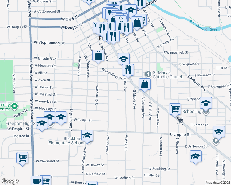 map of restaurants, bars, coffee shops, grocery stores, and more near 245 West Homer Street in Freeport