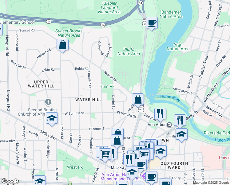 map of restaurants, bars, coffee shops, grocery stores, and more near 912 Daniel Street in Ann Arbor
